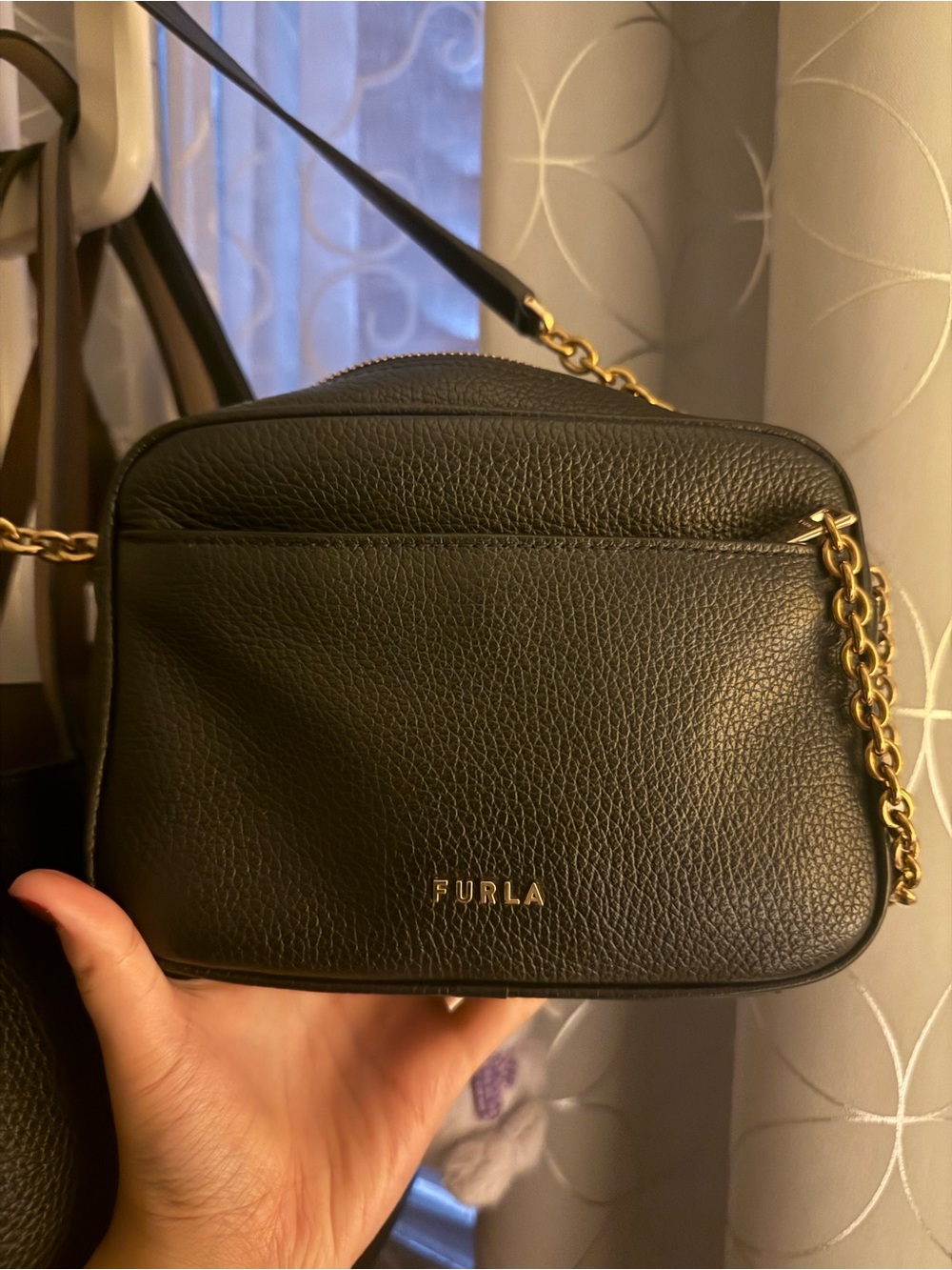 Furla Black Pebbled Leather Camera Crossbody with Gold Chain